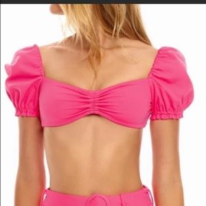 NWT Agua Bendita Romina Luau Pink Ruffle Puff Sleeves Bikini Swim Top L